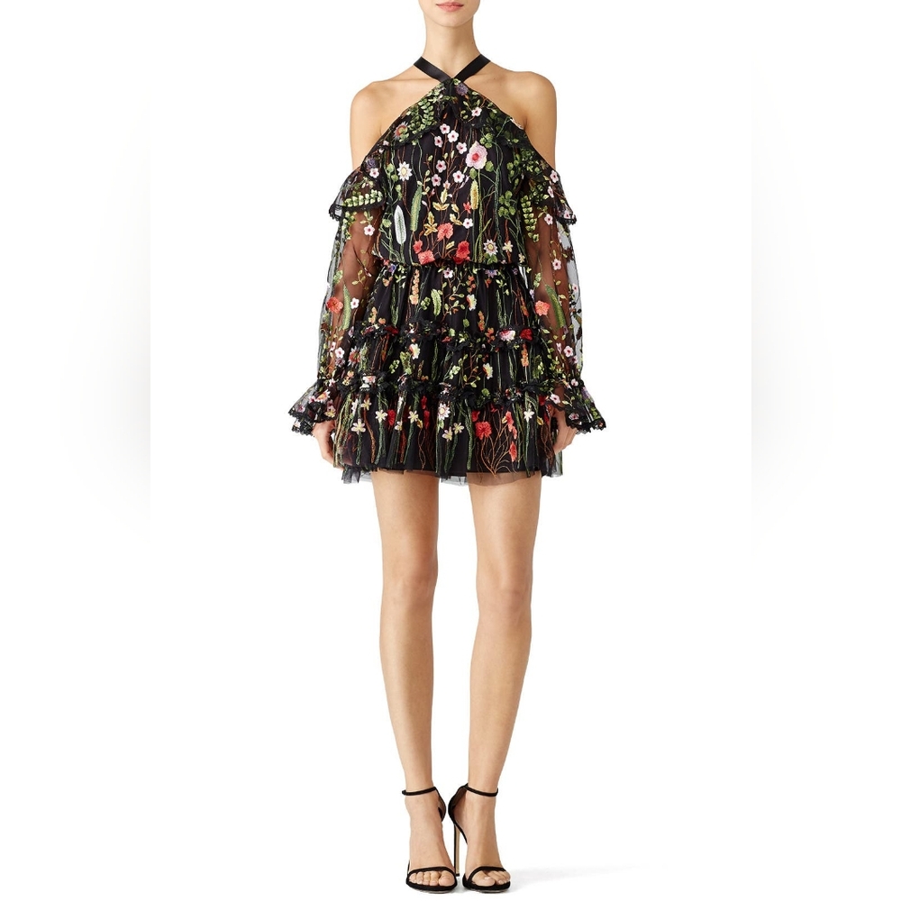 Alexis Adeline Embroidered Floral Cold Shoulder Mini Dress Black Women's Size S